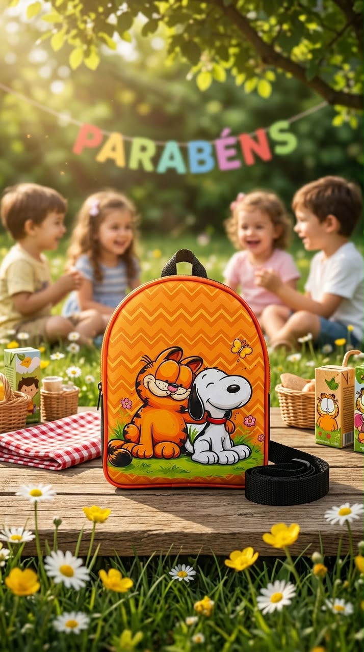 Mockup generado por IA: mochila en picnic de cumpleaños