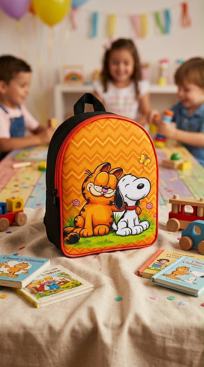 Mockup generado por IA: mochila en ambiente de jardín con juguetes