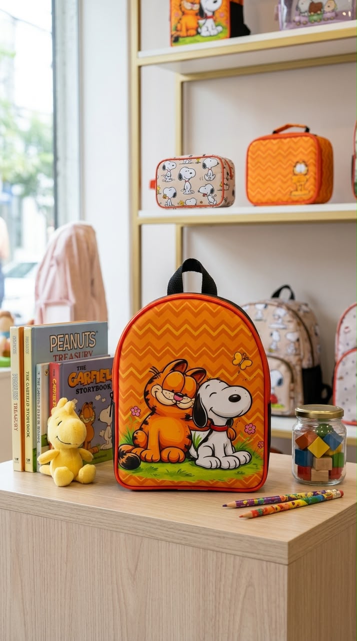 Misma mochila en vitrina de tienda, escenario profesional generado por IA