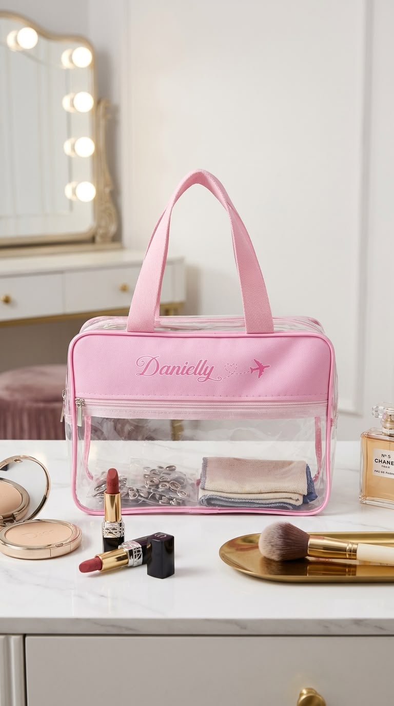 Mockup generado por IA: neceser Danielly en tocador con espejo iluminado