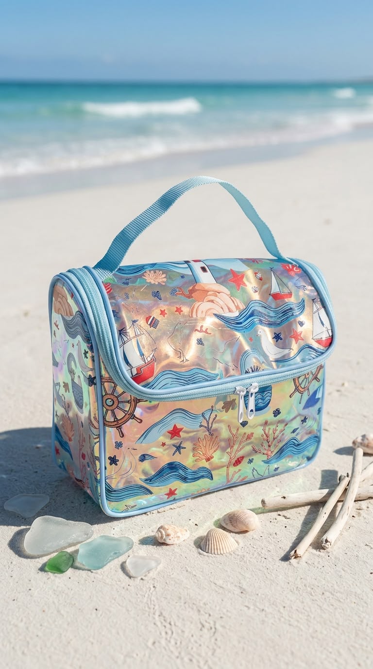 Mockup generado por IA: neceser marítimo en otro ángulo de playa